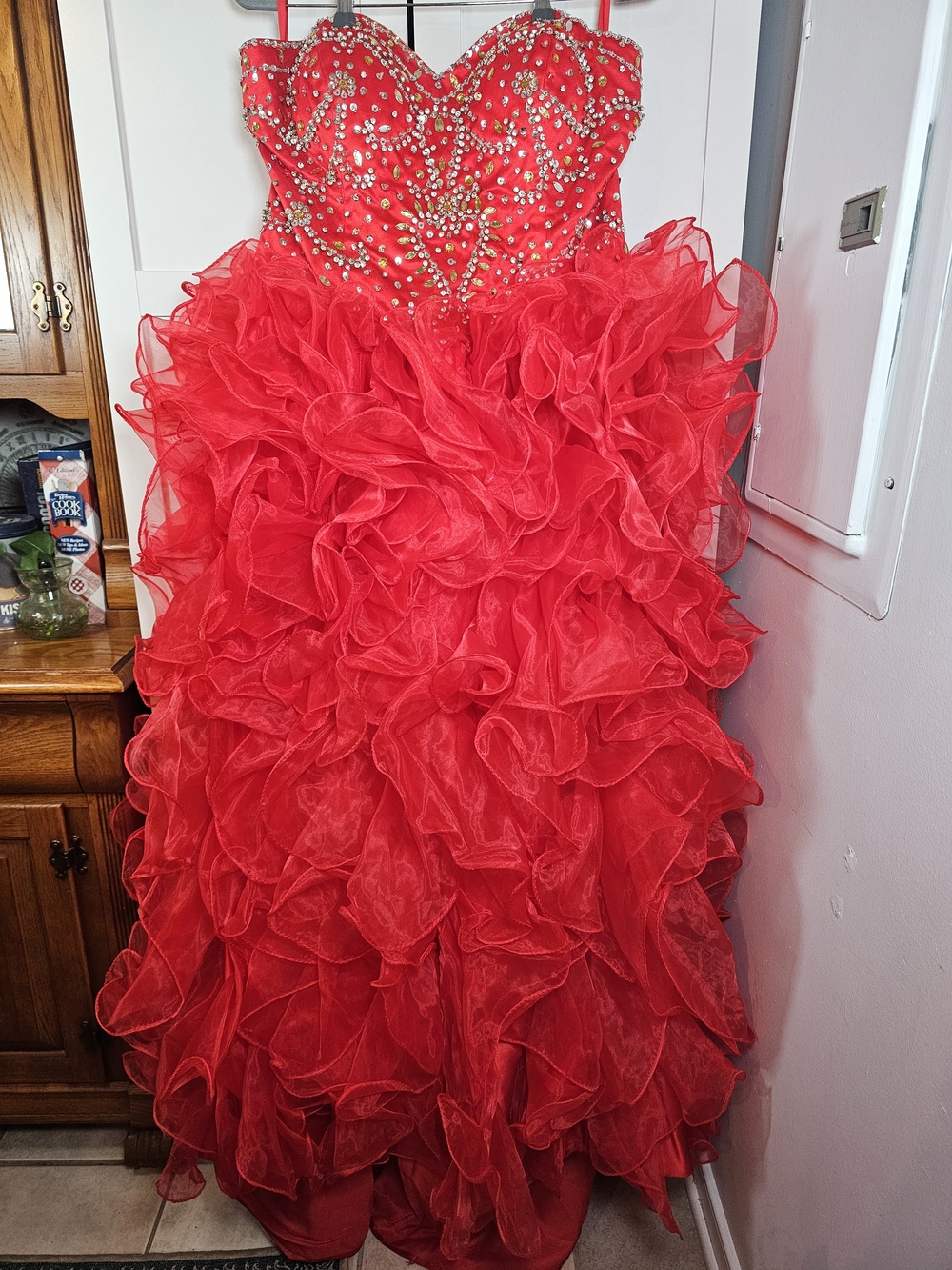 Red Ruffle High-Low Tiered Strapless Ball Gown Corset Beaded Prom Dress 18W